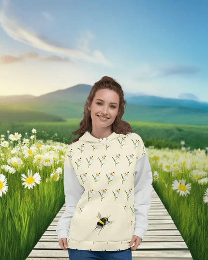 Bloom & Buzz Hoodie – Whimsical Daisy Pattern with Bumblebee Accent Hoodie - The Butterfly Mama