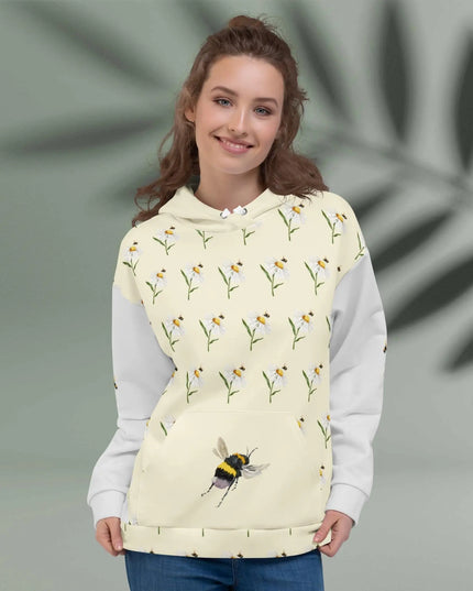 Bloom & Buzz Hoodie – Whimsical Daisy Pattern with Bumblebee Accent Hoodie - The Butterfly Mama