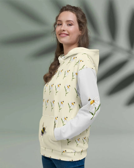 Bloom & Buzz Hoodie – Whimsical Daisy Pattern with Bumblebee Accent Hoodie - The Butterfly Mama