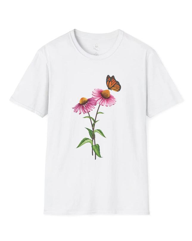 Butterfly & Flower Unisex Softstyle T-Shirt – Nature - Inspired Graphic Tee for Spring Days - The Butterfly Mama