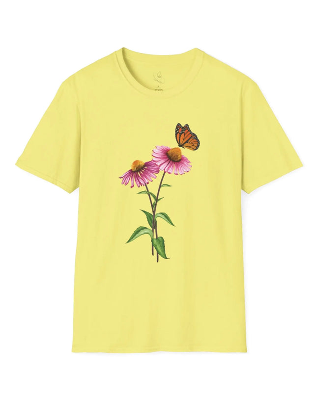 Butterfly & Flower Unisex Softstyle T-Shirt – Nature - Inspired Graphic Tee for Spring Days - The Butterfly Mama