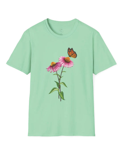 Butterfly & Flower Unisex Softstyle T-Shirt – Nature - Inspired Graphic Tee for Spring Days - The Butterfly Mama