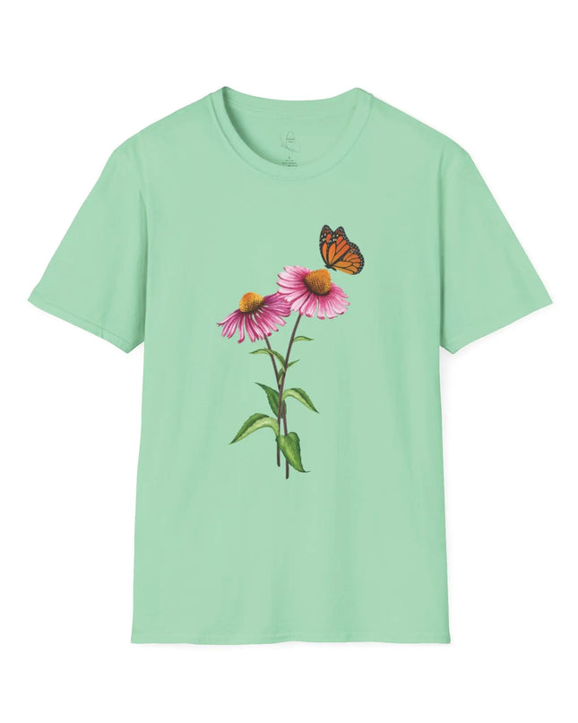 Butterfly & Flower Unisex Softstyle T-Shirt – Nature - Inspired Graphic Tee for Spring Days - The Butterfly Mama