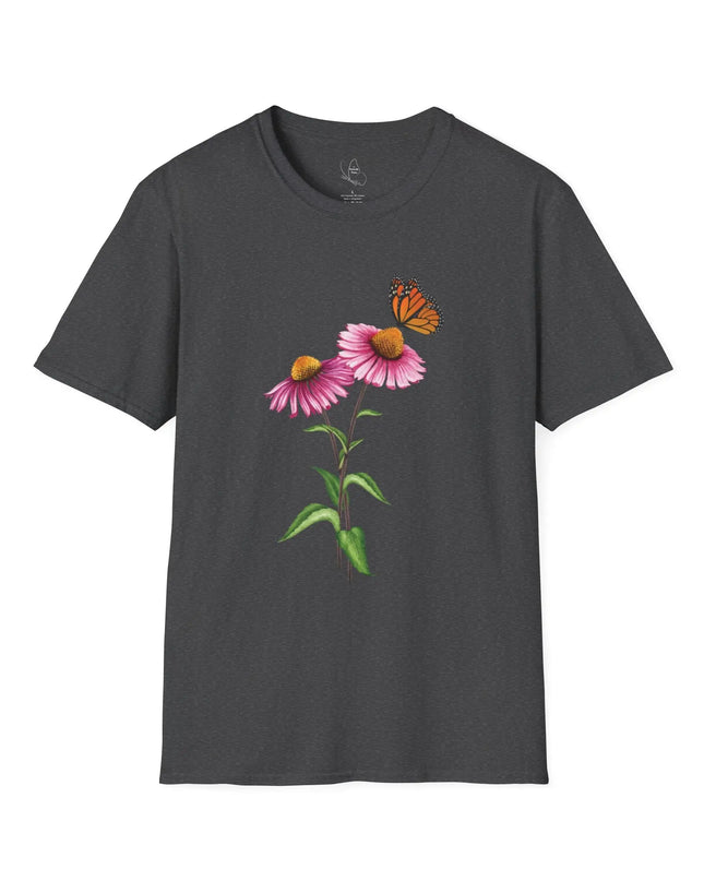 Butterfly & Flower Unisex Softstyle T-Shirt – Nature - Inspired Graphic Tee for Spring Days - The Butterfly Mama
