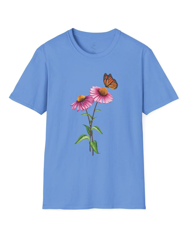 Butterfly & Flower Unisex Softstyle T-Shirt – Nature - Inspired Graphic Tee for Spring Days - The Butterfly Mama