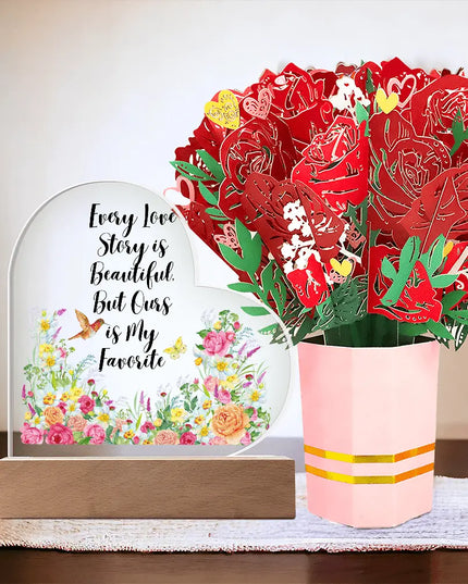 Every Love Story is Beautiful – Elegant Acrylic LED Keepsake with Faux Flower Bouquet - The Butterfly Mama